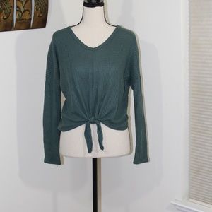 Paper Crane, long sleeve waffle knit cropped front knot shirt